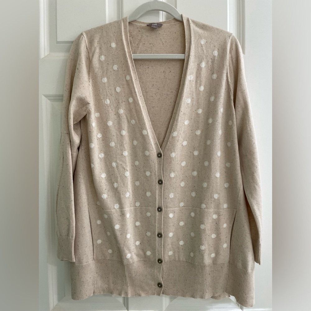 J.Jill lightweight tan flecked/white polka dots cardigan
